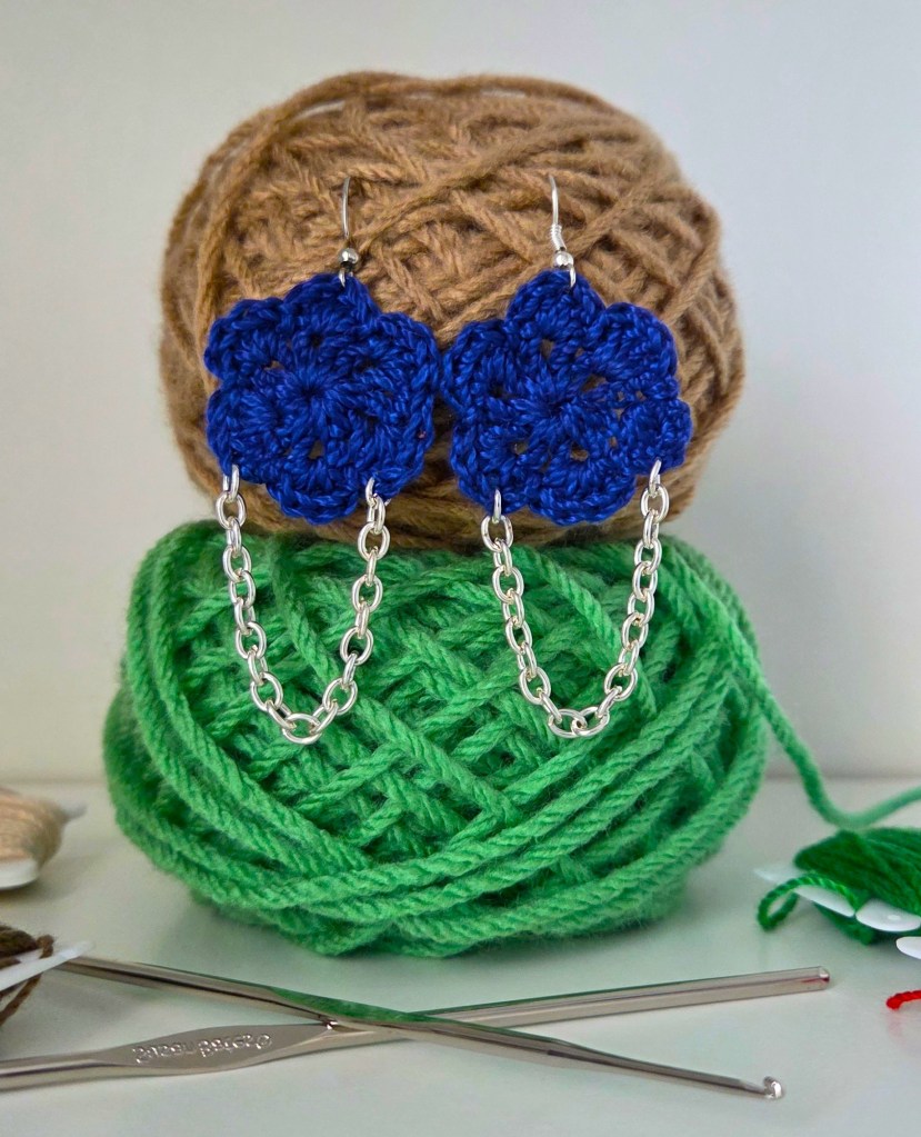 Crochet flower earrings with daggers from the Prickly Petals collection