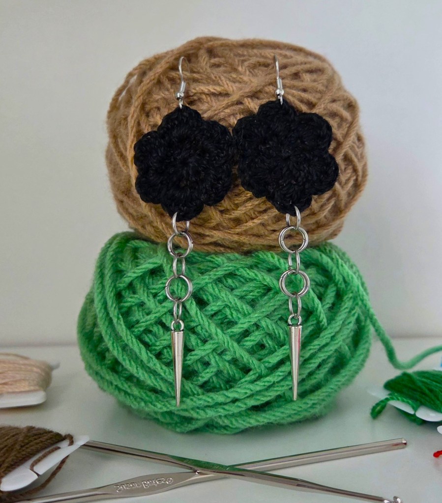 Crochet flower earrings with daggers from the Prickly Petals collection