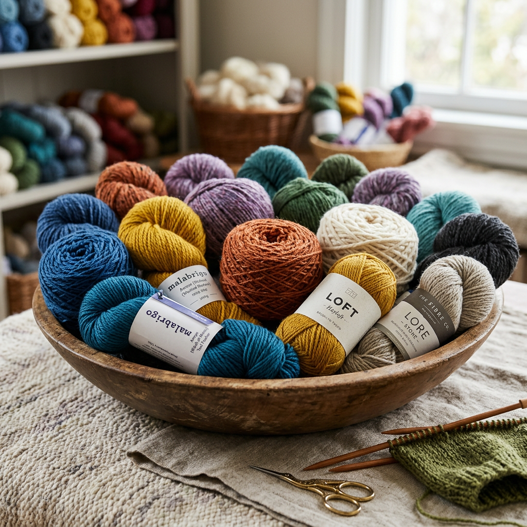 Wooden bowl holding various colorful yarn skeins with knitting needles and scissors nearby