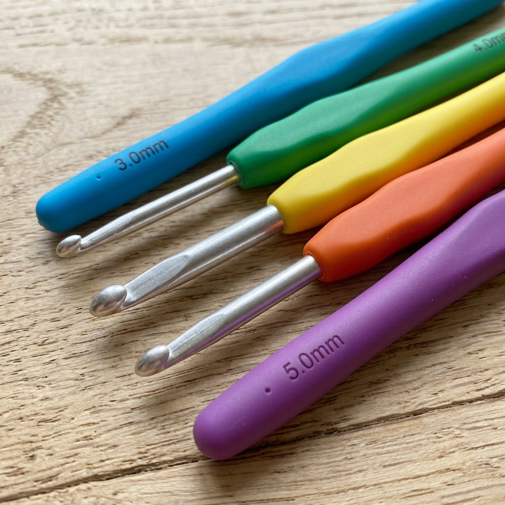 Set of crochet hooks, yarn balls, flower-shaped crochet earrings, and crochet projects on a wooden surface